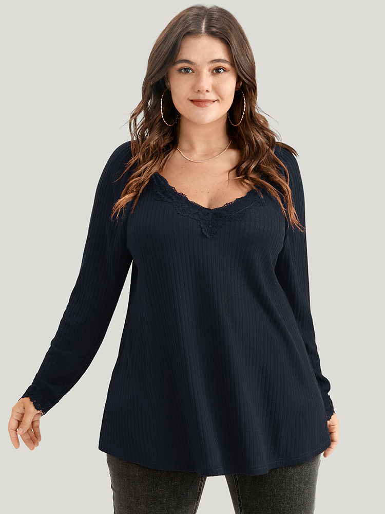 

Plus Size Solid Lace Trim Rib Knit Long Tee Indigo V-neck Long Sleeve Elegant Jersey Tops