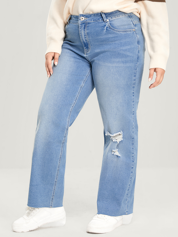 

Plus Size Boyfriend Wide Leg Slightly Stretchy High Rise Light Wash Jeans Women LightBlue Casual Plain Low stretch Pocket Jeans BloomChic