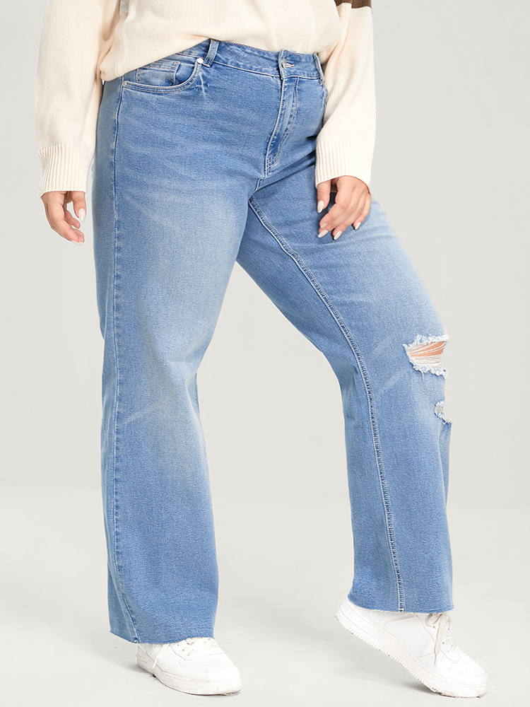 Plus Size Boyfriend Wide Leg Slightly Stretchy High Rise Light Wash Jeans Women LightBlue Casual Plain Low stretch Pocket Jeans BloomChic 14/1X 