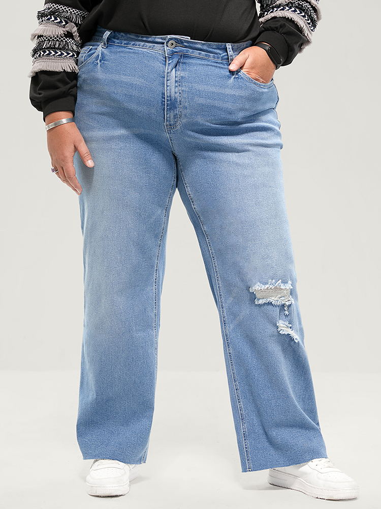 Plus Size Boyfriend Wide Leg Slightly Stretchy High Rise Light Wash Jeans Women LightBlue Casual Plain Low stretch Pocket Jeans BloomChic 14/1X 