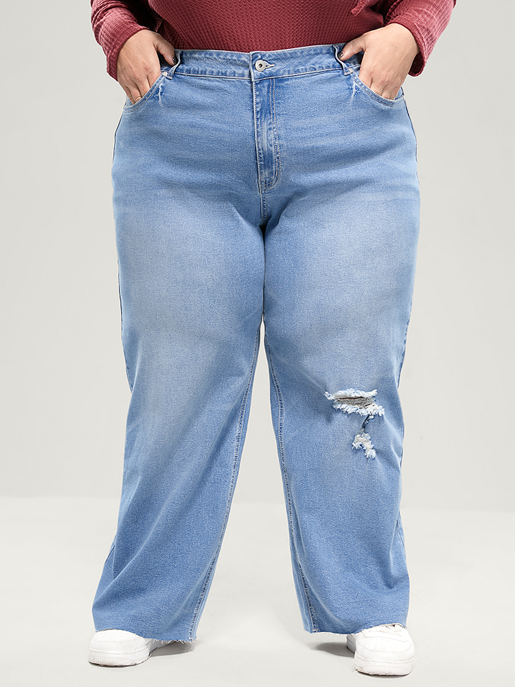 Plus Size Boyfriend Wide Leg Slightly Stretchy High Rise Light Wash Jeans Women LightBlue Casual Plain Low stretch Pocket Jeans BloomChic 14/1X 