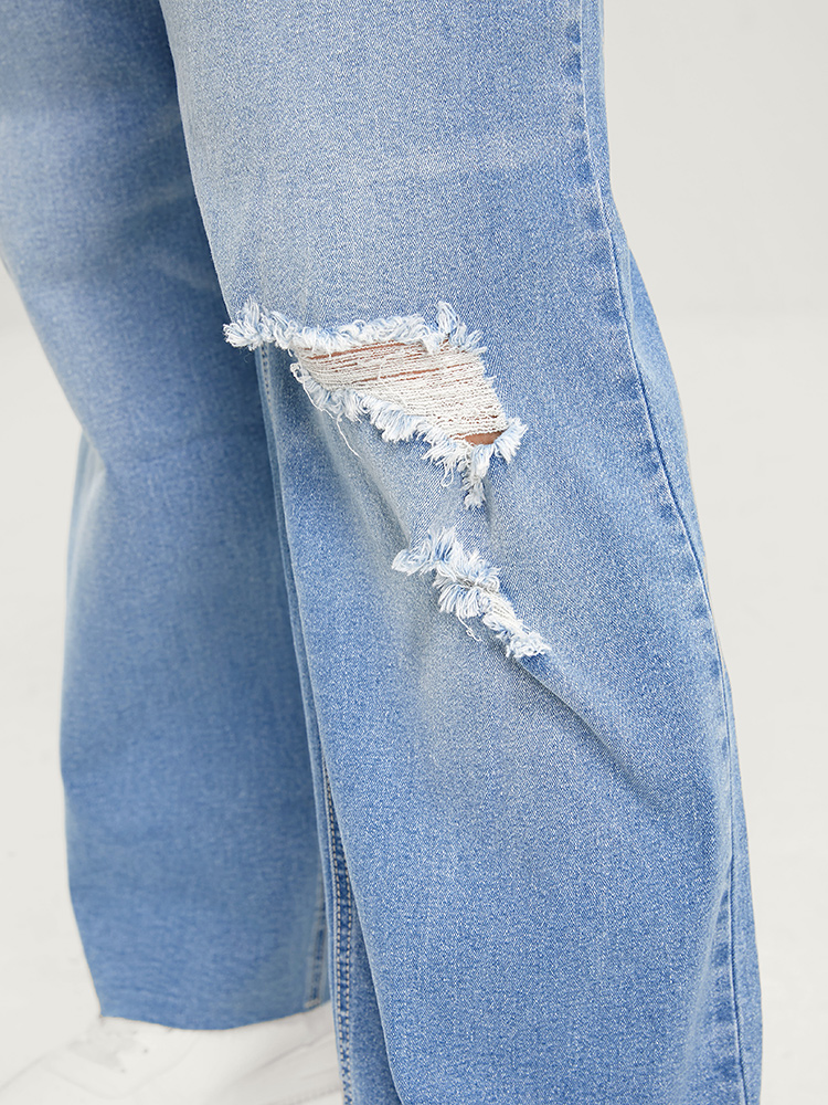 Plus Size Boyfriend Wide Leg Slightly Stretchy High Rise Light Wash Jeans Women LightBlue Casual Plain Low stretch Pocket Jeans BloomChic 14/1X 