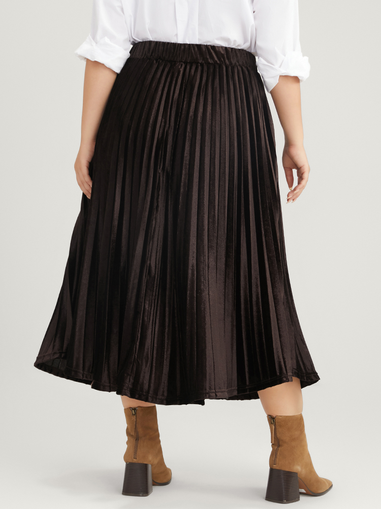 Plus Size Solid Elastic Waist Velvet Pleated Skirt Women DarkBrown Glamour Pleated Low stretch Going out Skirts BloomChic 14-16/1X 