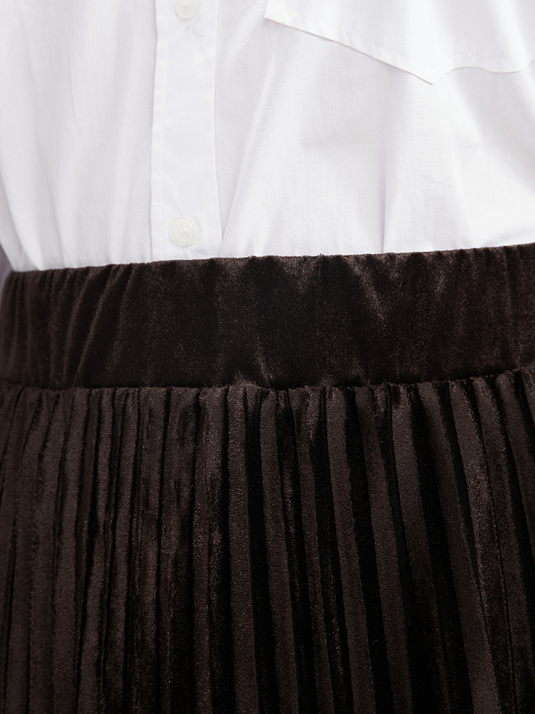 Plus Size Solid Elastic Waist Velvet Pleated Skirt Women DarkBrown Glamour Pleated Low stretch Going out Skirts BloomChic 14-16/1X 