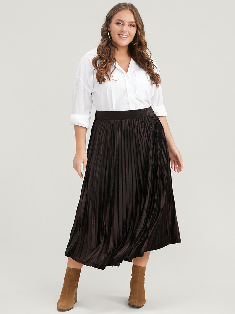 Plus Size Solid Elastic Waist Velvet Pleated Skirt Women DarkBrown Glamour Pleated Low stretch Going out Skirts BloomChic 14-16/1X 