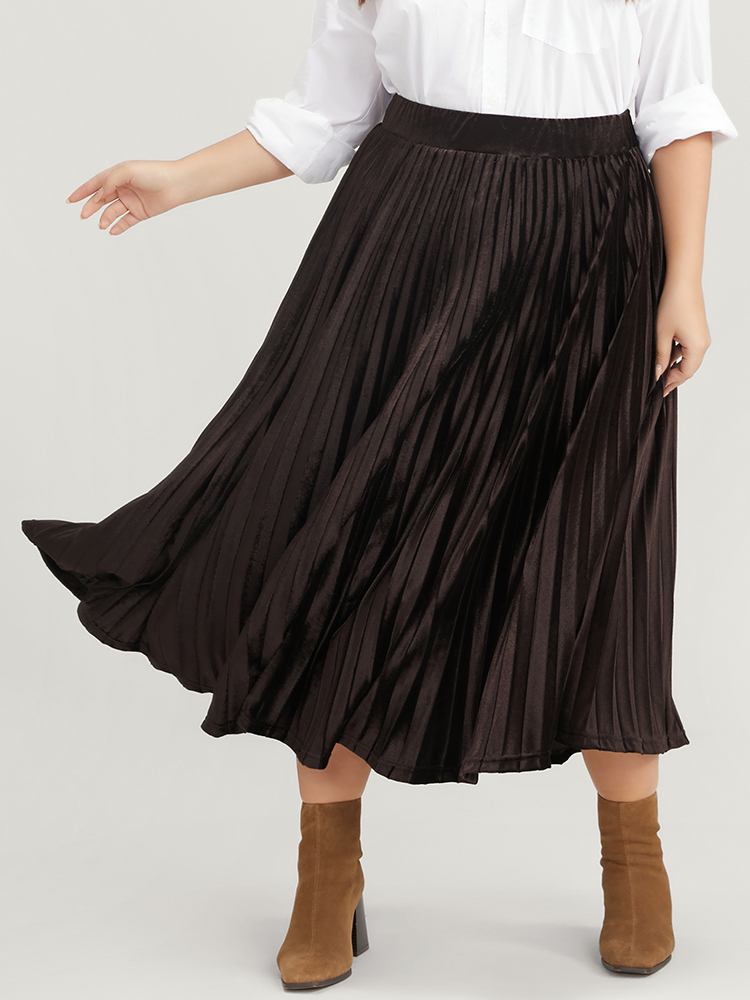Plus Size Solid Elastic Waist Velvet Pleated Skirt Women DarkBrown Glamour Pleated Low stretch Going out Skirts BloomChic 14-16/1X 