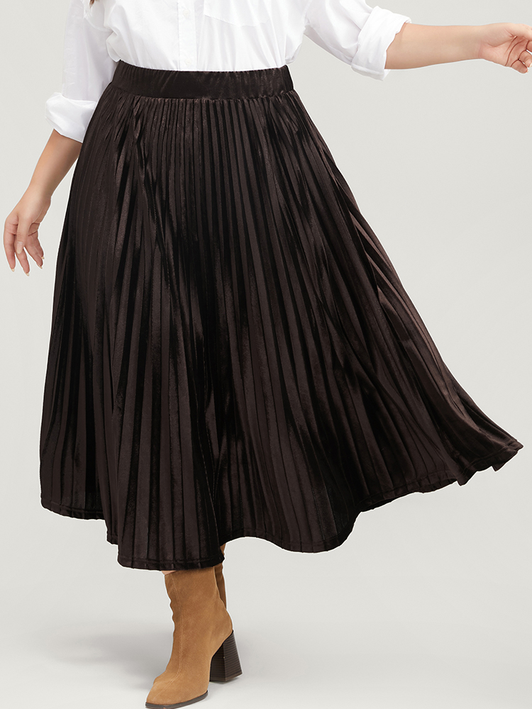 

Plus Size Solid Elastic Waist Velvet Pleated Skirt Women DarkBrown Glamour Pleated Low stretch Going out Skirts BloomChic