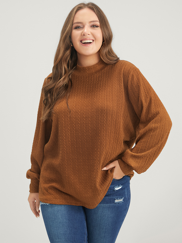 

Plus Size Solid Textured Mock Neck Sweatshirt Women Bronze Casual Plain Mock Neck Dailywear Sweatshirts BloomChic