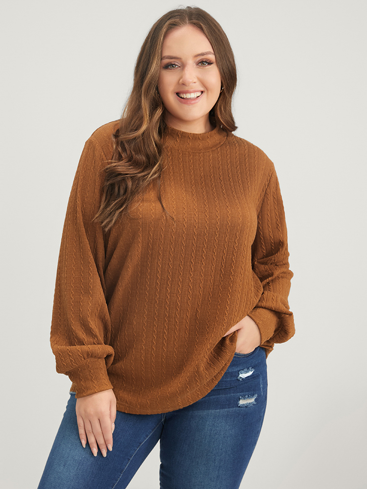 

Plus Size Solid Textured Mock Neck Sweatshirt Women Bronze Casual Plain Mock Neck Dailywear Sweatshirts BloomChic