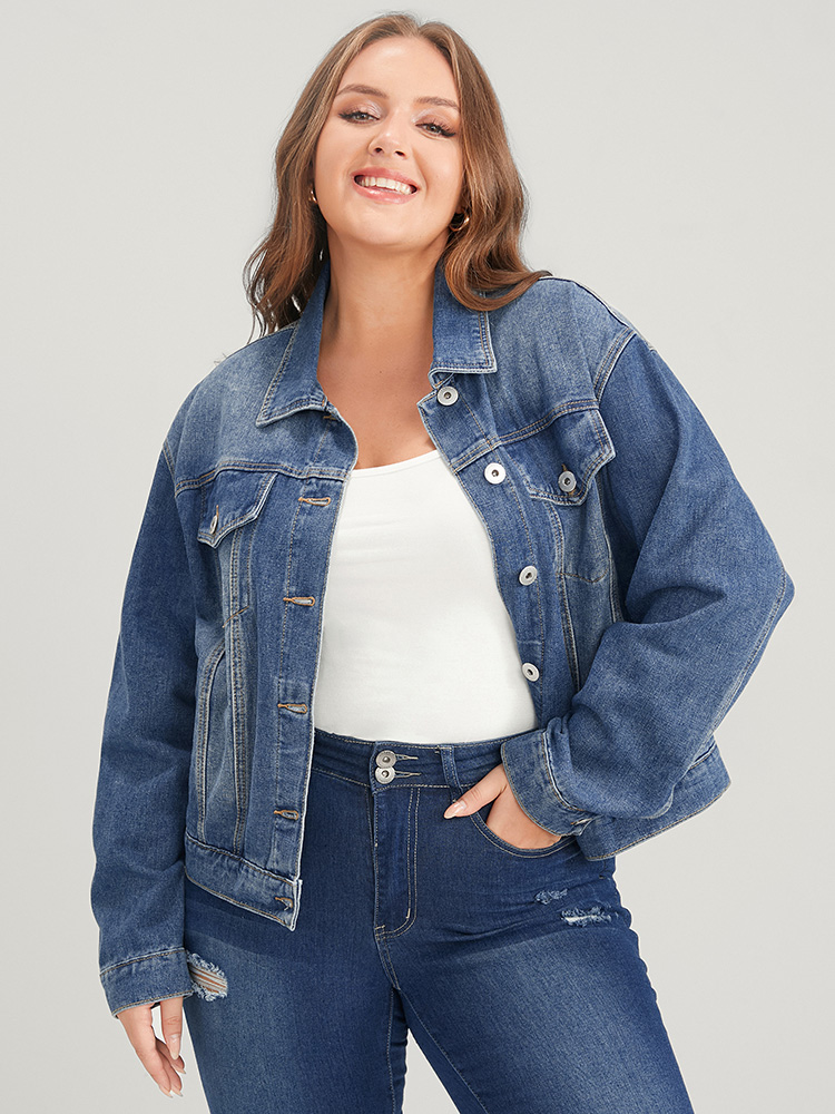 

Women Solid Flap Pocket Button Front Dark Wash Denim Jacket Cerulean Plus Size Plain Dailywear Pocket Casual Denim Jackets BloomChic