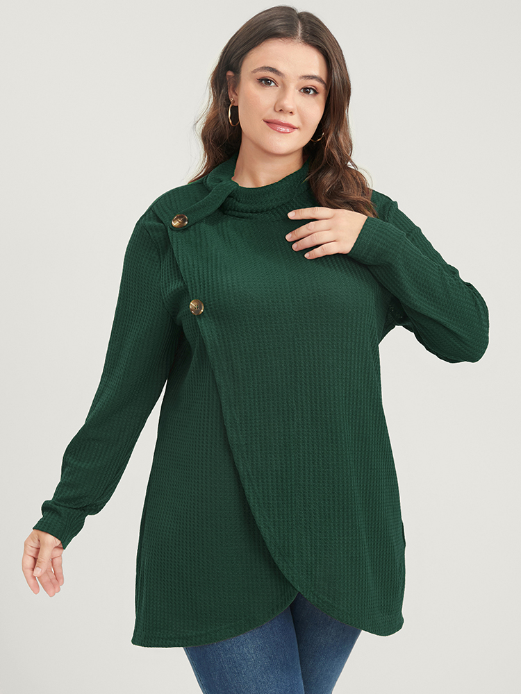 

Plus Size Solid Mock Neck Waffle Knit Wrap Long Tee Green Women Elegant Button Plain Mock Neck Dailywear T-shirts BloomChic