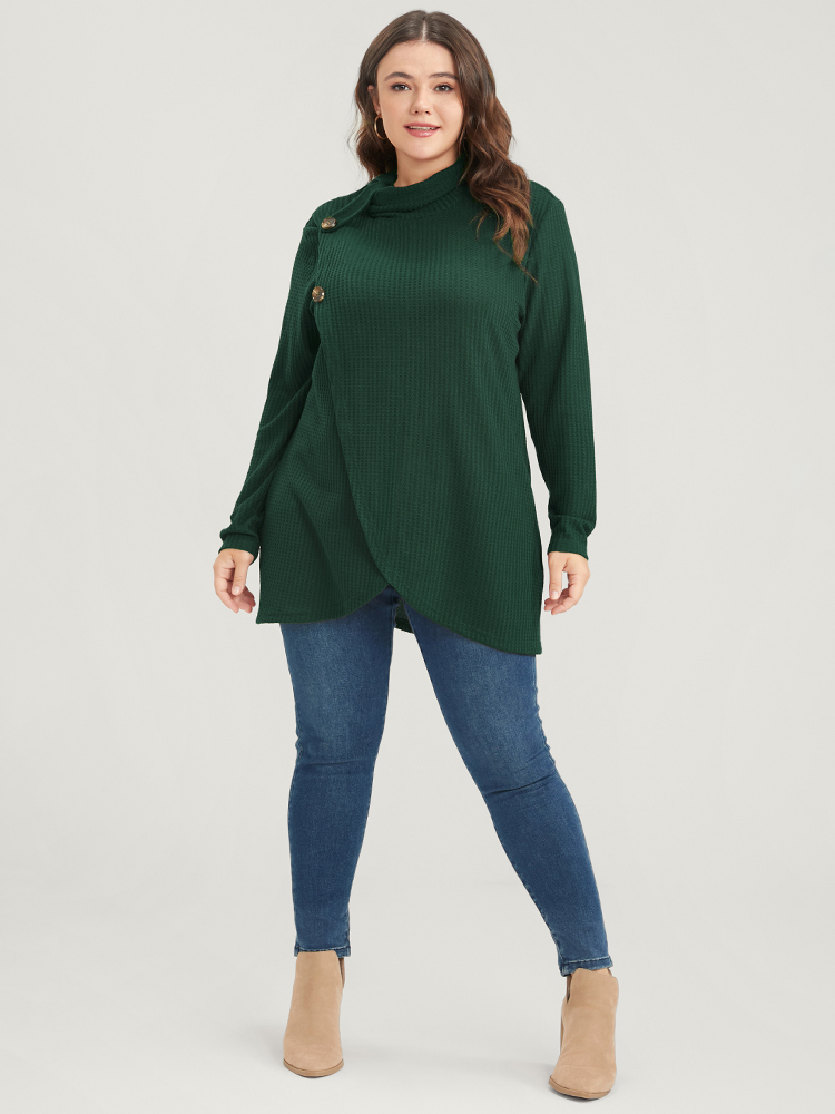 Plus Size Women Dailywear Plain Asymmetrical Regular Sleeve Long Sleeve Mock Neck Elegant T-shirts BloomChic 