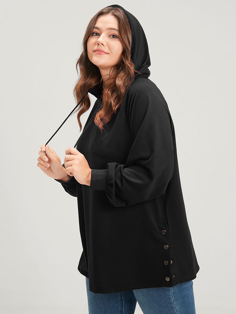 Plus Size Solid Button Side Drop Shoulder Hooded Sweatshirt Women Black Casual Button Hooded Dailywear Sweatshirts BloomChic 28/5X 
