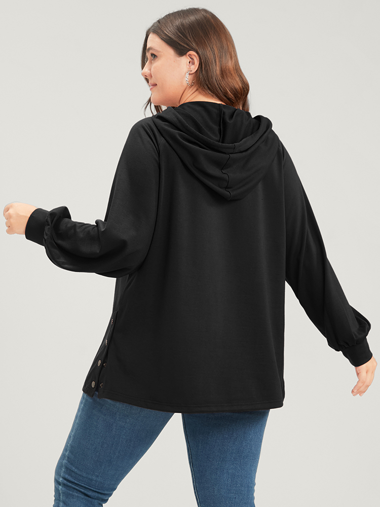 Plus Size Solid Button Side Drop Shoulder Hooded Sweatshirt Women Black Casual Button Hooded Dailywear Sweatshirts BloomChic 28/5X 