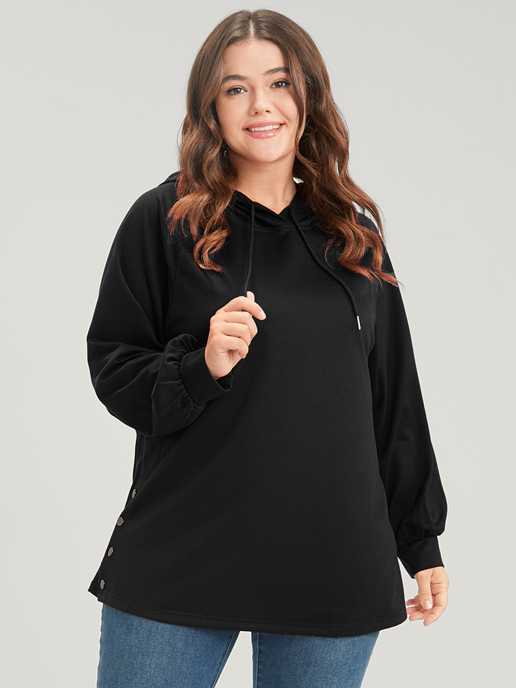 Plus Size Solid Button Side Drop Shoulder Hooded Sweatshirt Women Black Casual Button Hooded Dailywear Sweatshirts BloomChic 28/5X 