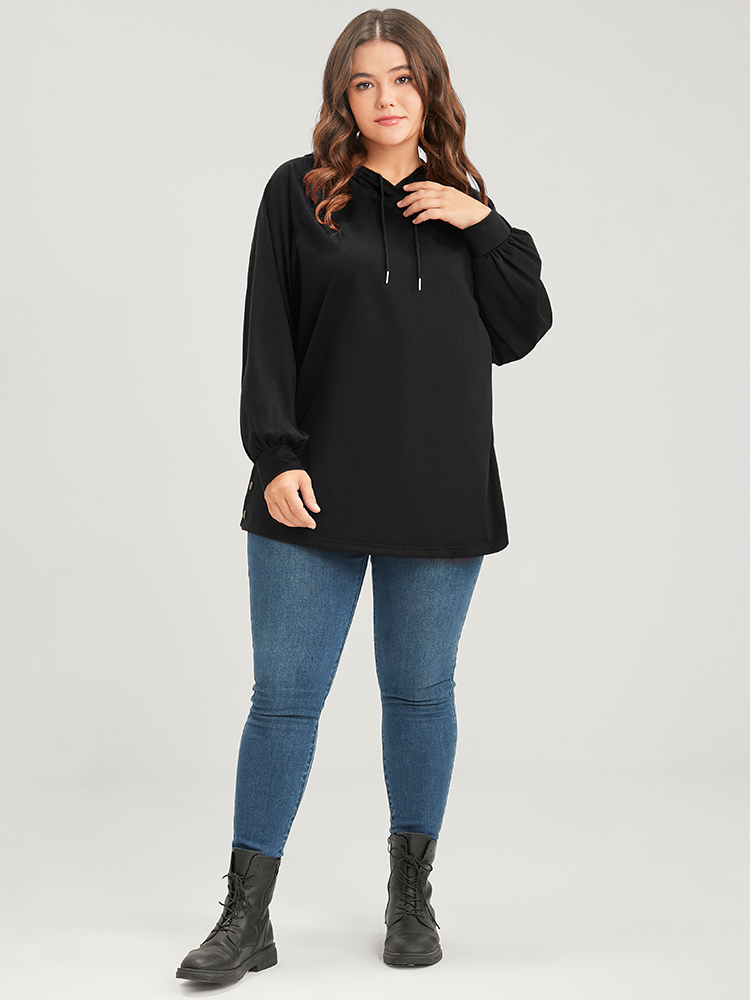 

Plus Size Solid Button Side Drop Shoulder Hooded Sweatshirt Women Black Casual Button Hooded Dailywear Sweatshirts BloomChic
