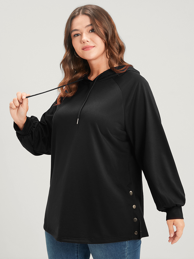 Plus Size Solid Button Side Drop Shoulder Hooded Sweatshirt Women Black Casual Button Hooded Dailywear Sweatshirts BloomChic 28/5X 