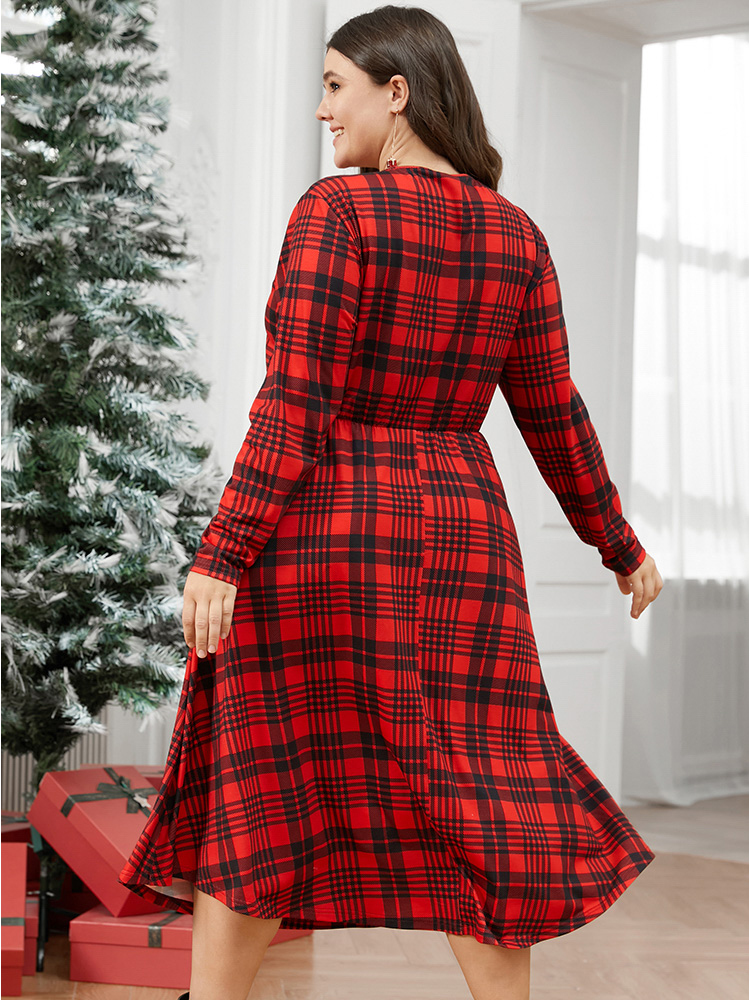 Plus Size Plaid Surplice Neck Pocket Midi Dress Red Women Elegant Elastic Waist V-neck Long Sleeve Curvy Midi Dress BloomChic 14-16/1X 