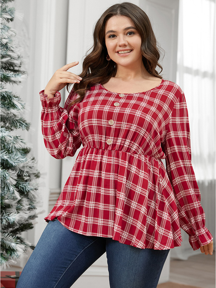 

Plus Size Raspberry Tartan Button Detail Lantern Sleeve Blouse Women Elegant Long Sleeve V-neck Dailywear Blouses BloomChic