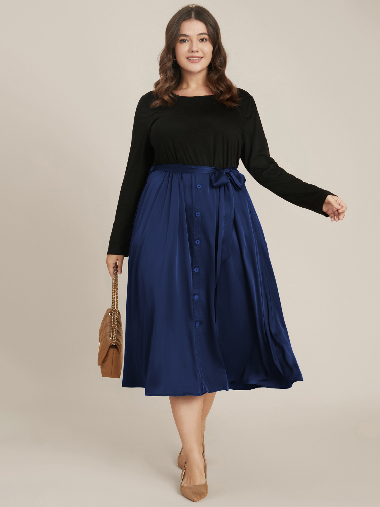 

Plus Size Solid Round Neck Pocket Button Detail Belted Satin Dress DarkBlue Women Office Patchwork Round Neck Long Sleeve Curvy Midi Dress BloomChic