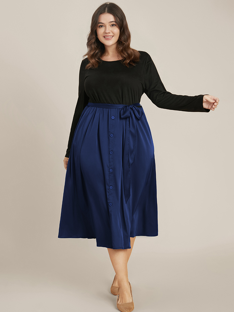 Plus Size Solid Round Neck Pocket Button Detail Belted Satin Dress DarkBlue Women Office Patchwork Round Neck Long Sleeve Curvy Midi Dress BloomChic 10/M 