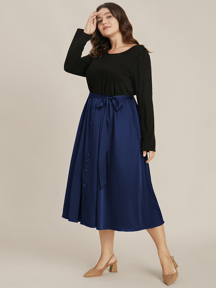 Plus Size Solid Round Neck Pocket Button Detail Belted Satin Dress DarkBlue Women Office Patchwork Round Neck Long Sleeve Curvy Midi Dress BloomChic 10/M 