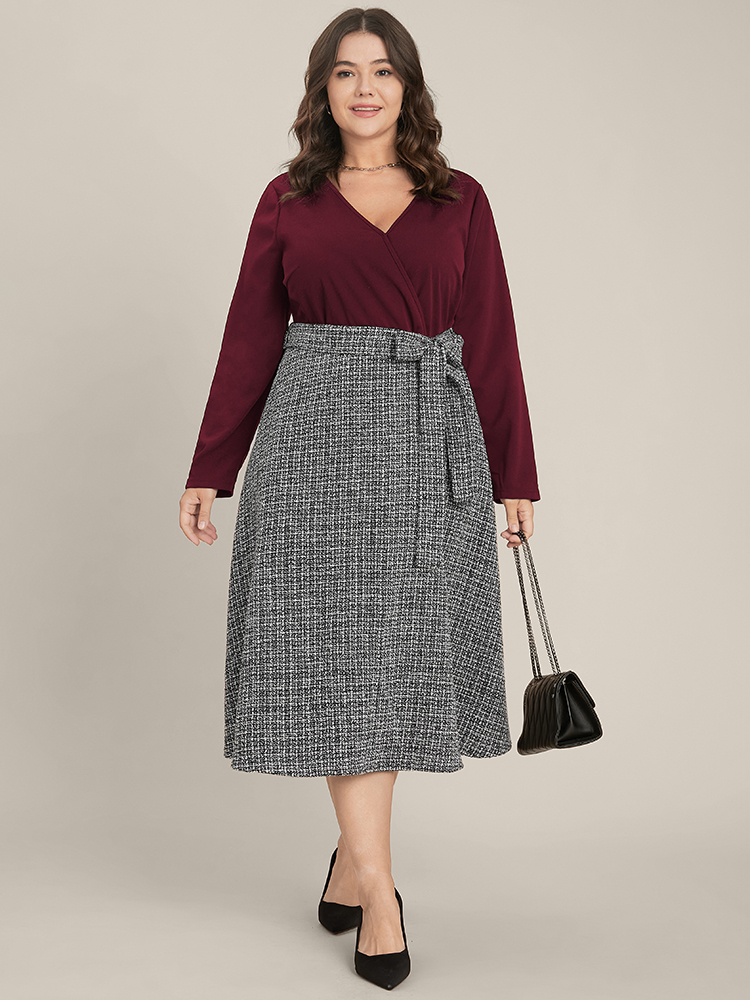 

Plus Size Women Workwear Flared Plain Patchwork Skirt Slightly Stretchy Long Sleeve V Neck Belt Workleisure Dresses BloomChic, Burgundy