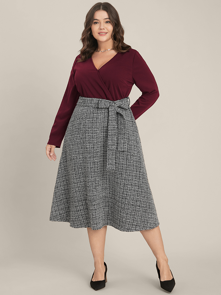 

Plus Size Women Workwear Flared Plain Patchwork Skirt Slightly Stretchy Long Sleeve V Neck Belt Workleisure Dresses BloomChic, Burgundy