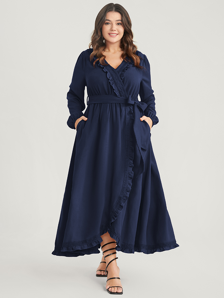 

Plus Size Solid Lantern Sleeve Pocket Frill Trim Wrap Belted Dress DarkBlue Women Elegant Plain V-neck Long Sleeve Curvy Long Dress BloomChic