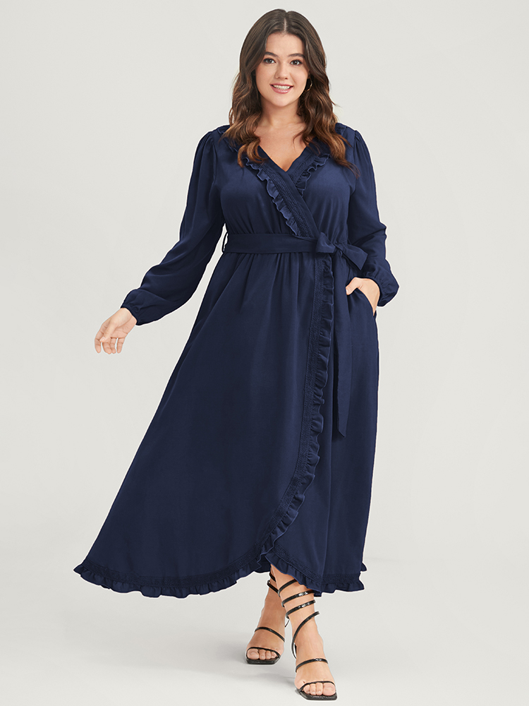 

Plus Size Solid Lantern Sleeve Pocket Frill Trim Wrap Belted Dress DarkBlue Women Elegant Plain V-neck Long Sleeve Curvy Long Dress BloomChic