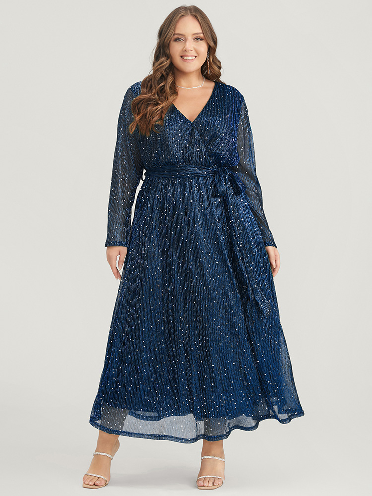 Plus Size Solid Pocket Wrap Belted Sequin Mesh Maxi Dress DarkBlue Women Cocktail Belted V-neck Long Sleeve Curvy Long Dress BloomChic 10/M 