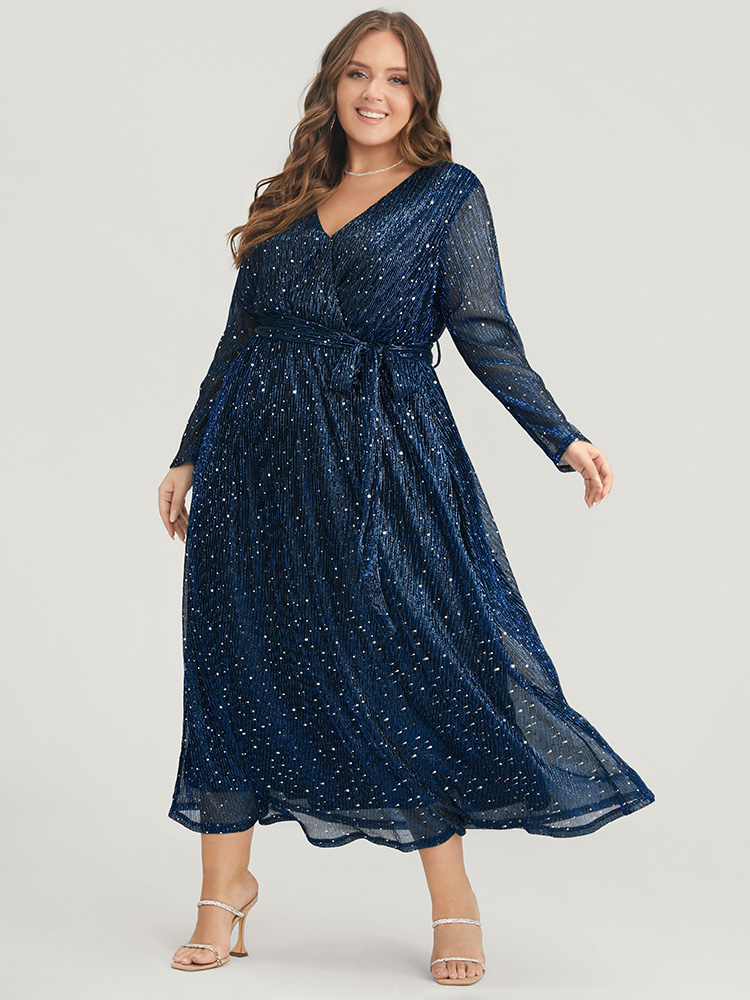 

Plus Size Solid Pocket Wrap Belted Sequin Mesh Maxi Dress DarkBlue Women Cocktail Belted V-neck Long Sleeve Curvy Long Dress BloomChic