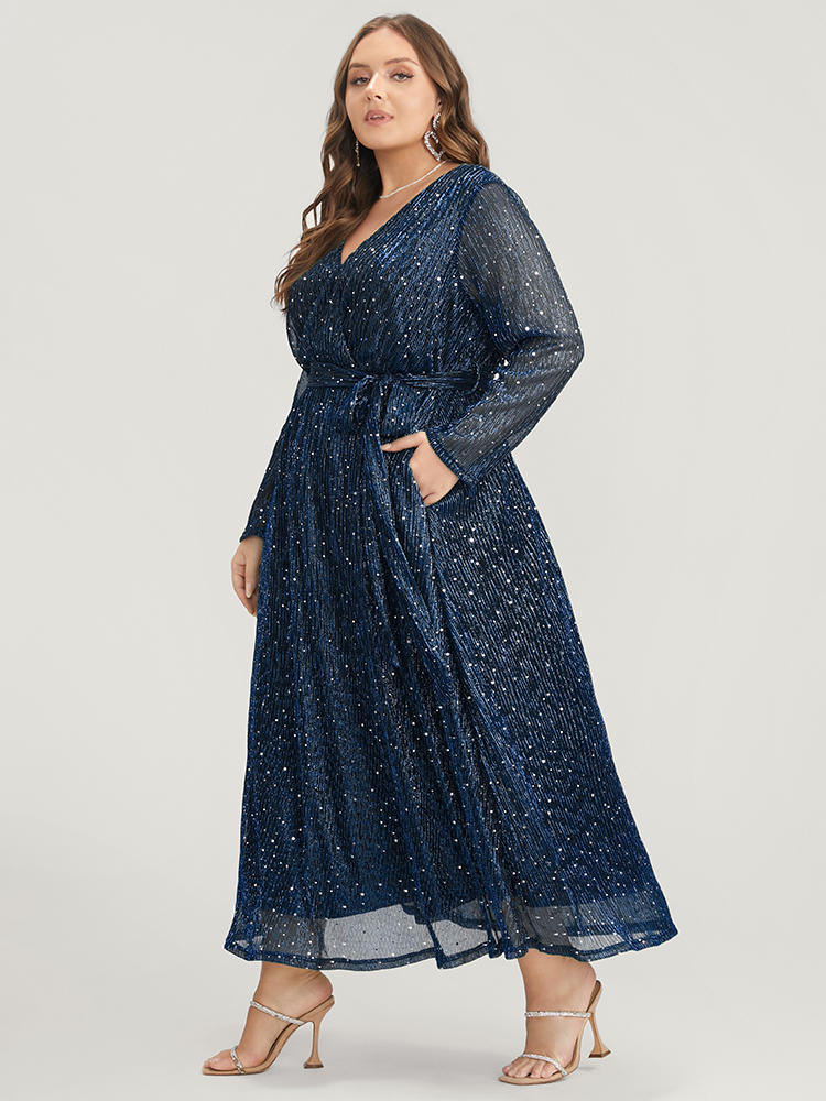 Plus Size Solid Pocket Wrap Belted Sequin Mesh Maxi Dress DarkBlue Women Cocktail Belted V-neck Long Sleeve Curvy Long Dress BloomChic 10/M 