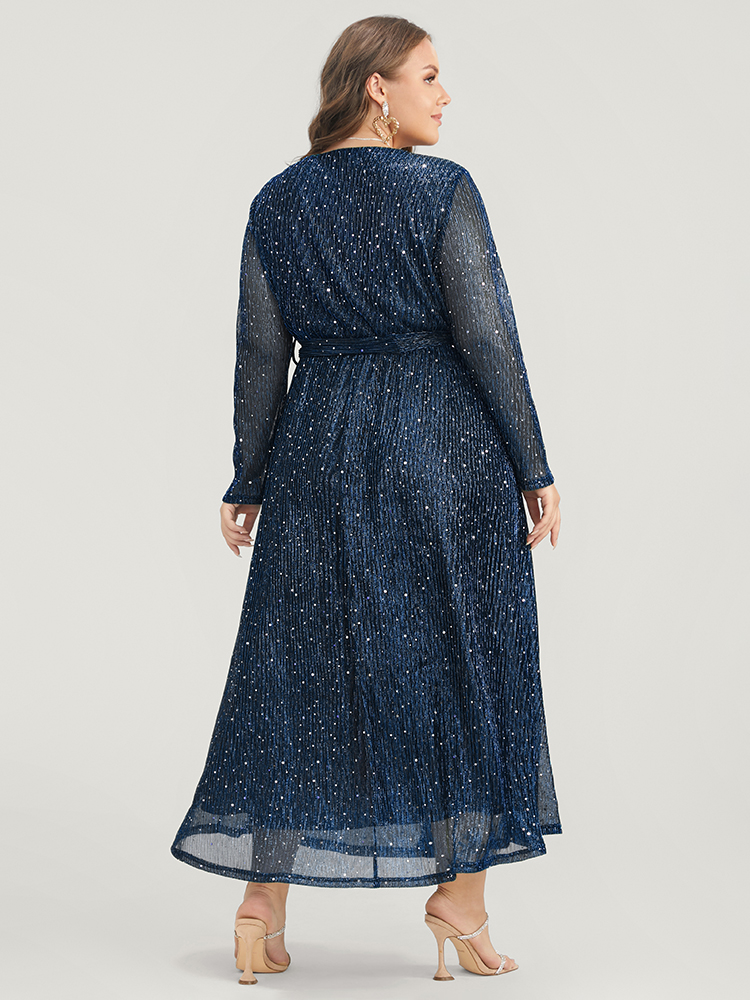 Plus Size Solid Pocket Wrap Belted Sequin Mesh Maxi Dress DarkBlue Women Cocktail Belted V-neck Long Sleeve Curvy Long Dress BloomChic 10/M 
