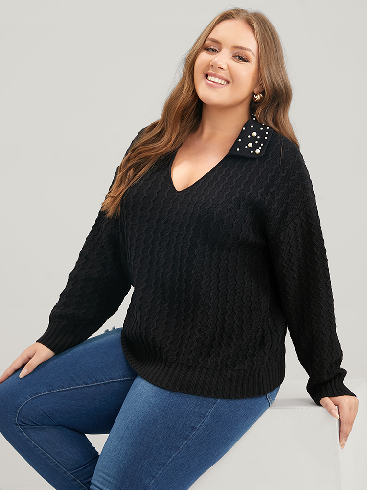 

Plus Size Solid Pointelle Knit Pearls Beaded Collar Neck Knit Top Black Women Elegant Long Sleeve Lapel Collar Dailywear Pullovers BloomChic