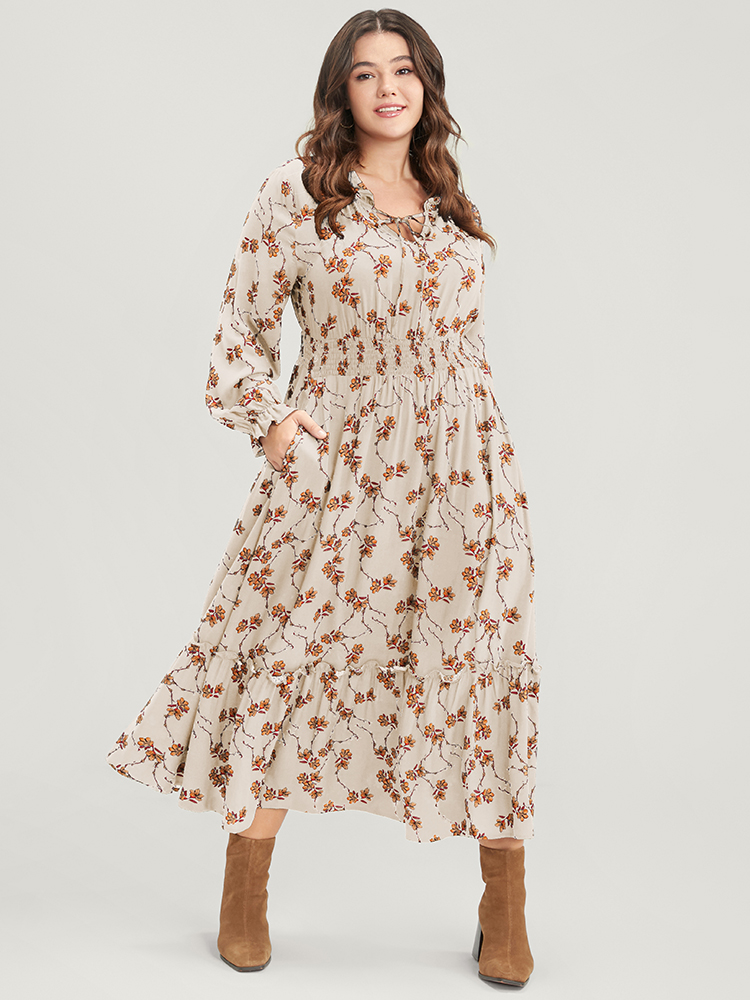 

Plus Size Floral Lantern Sleeve Pocket Tie Neck Shirred Midi Dress Beige Women Elegant Pocket V-neck Long Sleeve Curvy Midi Dress BloomChic