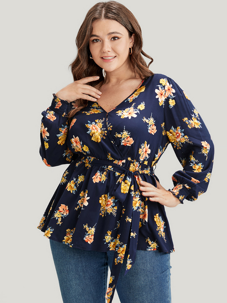 

Plus Size Navy Floral Shirred Lantern Sleeve Belted Wrap Blouse Women Elegant Long Sleeve V-neck Dailywear Blouses BloomChic