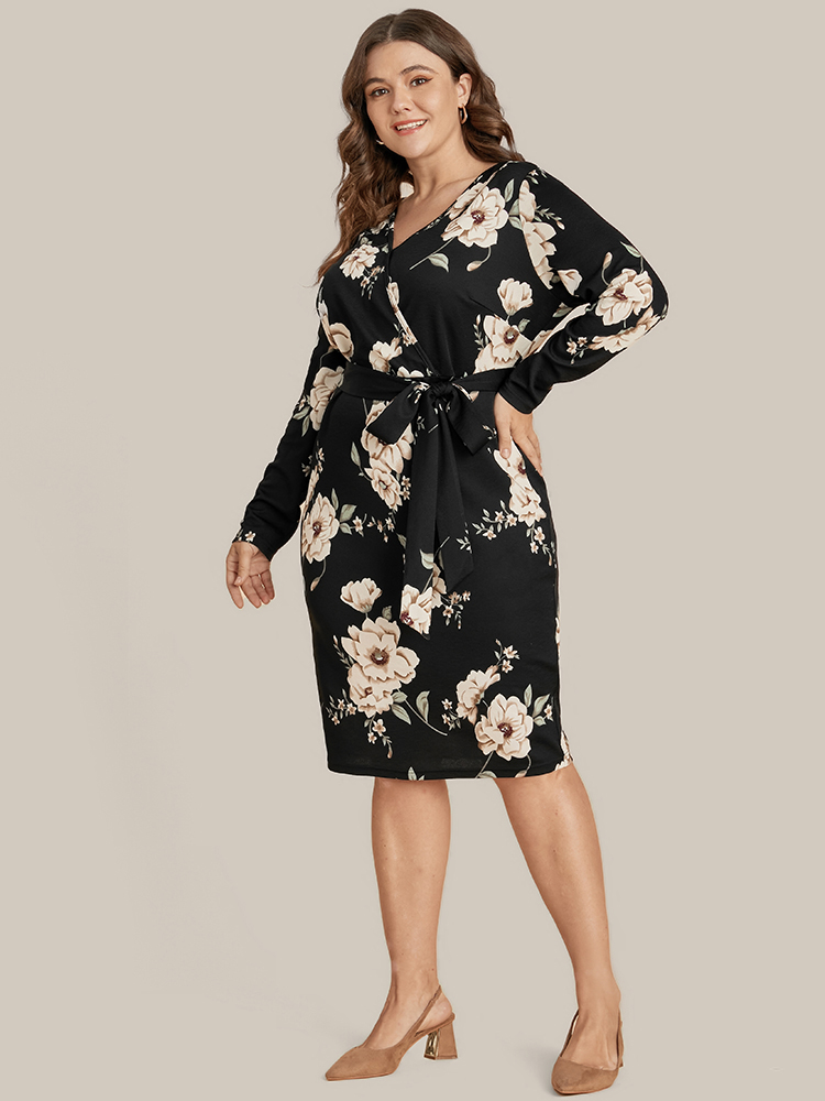 

Plus Size Floral Print Belted Surplice Neck Knee Dress Black Women Elegant Belted V-neck Long Sleeve Curvy Knee Dress BloomChic