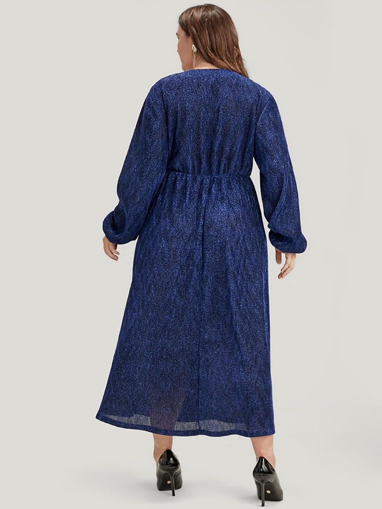 

Plus Size Solid Lantern Sleeve Sequin Split Hem Dress DarkBlue Women Party Elastic Waist V-neck Long Sleeve Curvy Midi Dress BloomChic