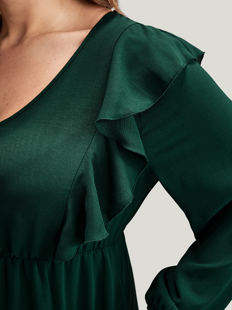 

Plus Size Solid Lantern Sleeve Pocket Ruffle Trim Split MIdi Dress DarkGreen Women Elegant Pocket V-neck Long Sleeve Curvy Midi Dress BloomChic