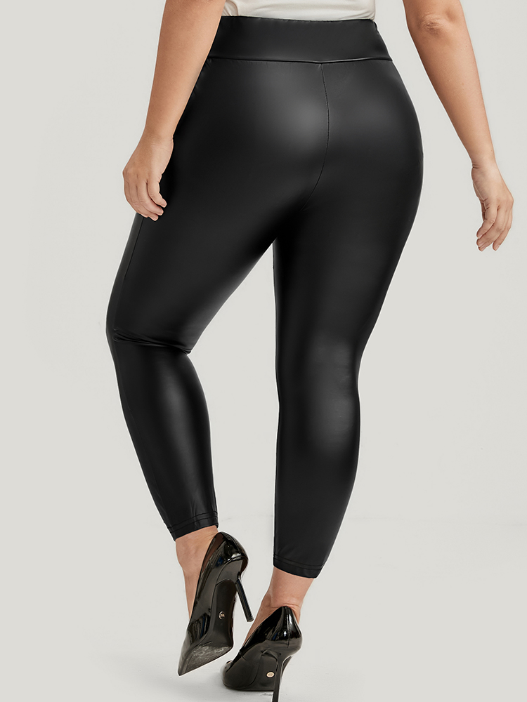 

Plus Size PU Leather Wideband Waist Leggings Women Black At the Office High stretch Skinny Mid Rise Work Leggings BloomChic