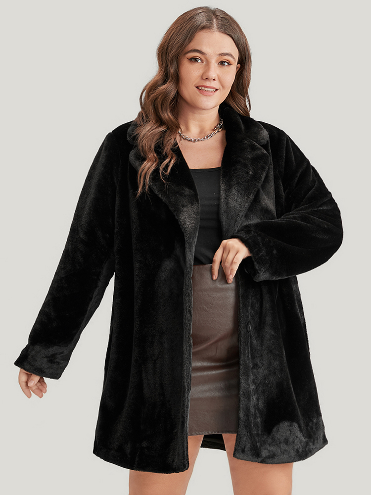 Plus Size Solid Pocket Faux Fur Button Front Coat Women Black Party Pocket Ladies Going out Winter Coats BloomChic 10/M 