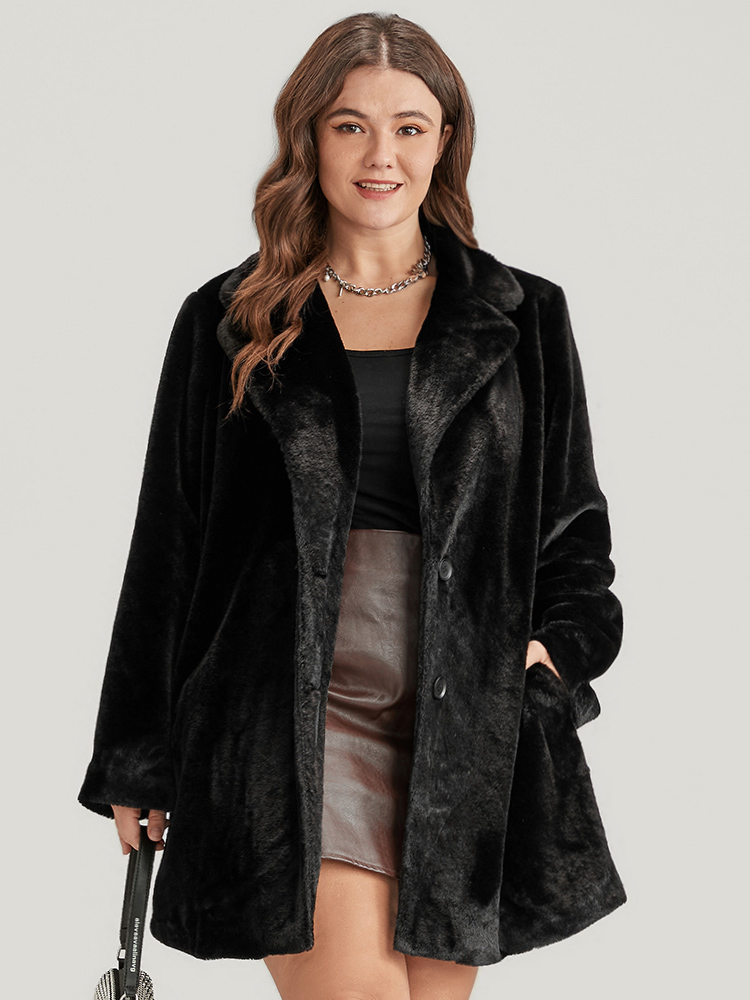 

Plus Size Solid Pocket Faux Fur Button Front Coat Women Black Party Pocket Ladies Going out Winter Coats BloomChic