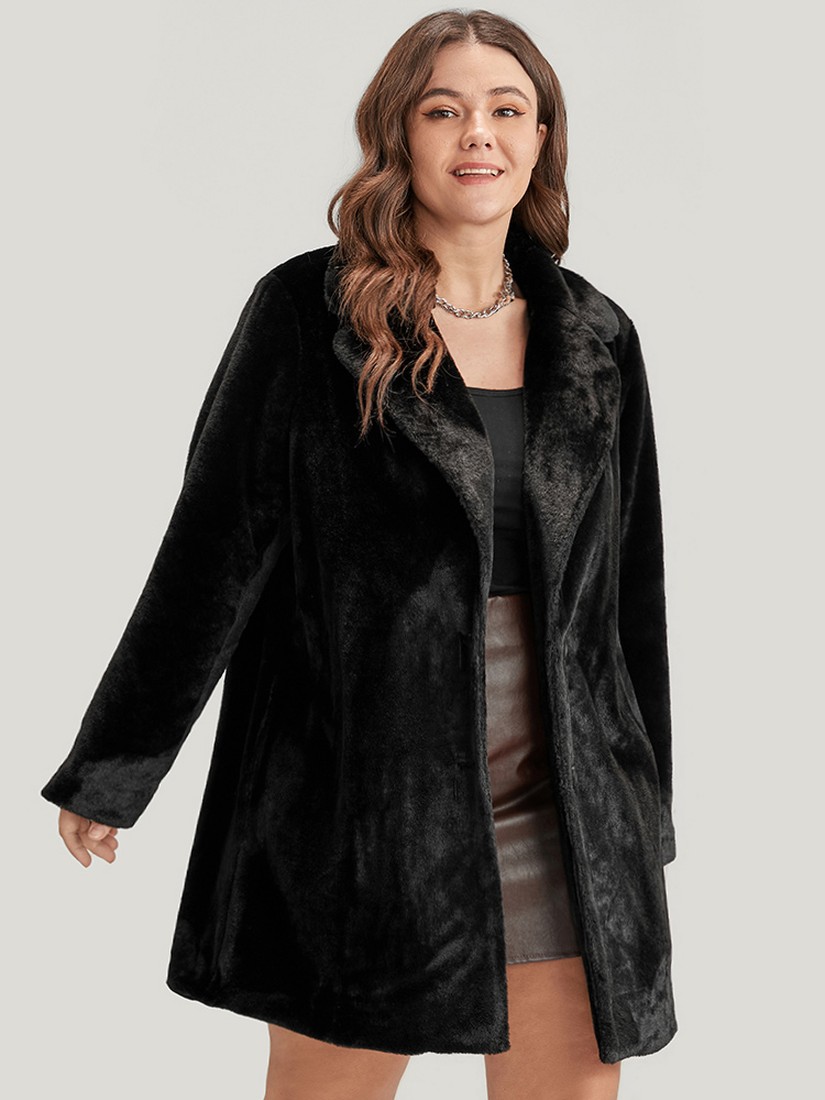 Plus Size Solid Pocket Faux Fur Button Front Coat Women Black Party Pocket Ladies Going out Winter Coats BloomChic 10/M 