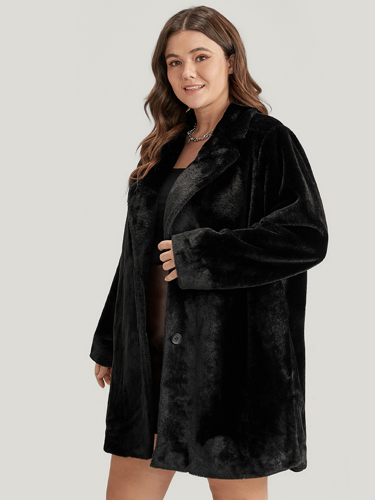Plus Size Solid Pocket Faux Fur Button Front Coat Women Black Party Pocket Ladies Going out Winter Coats BloomChic 10/M 