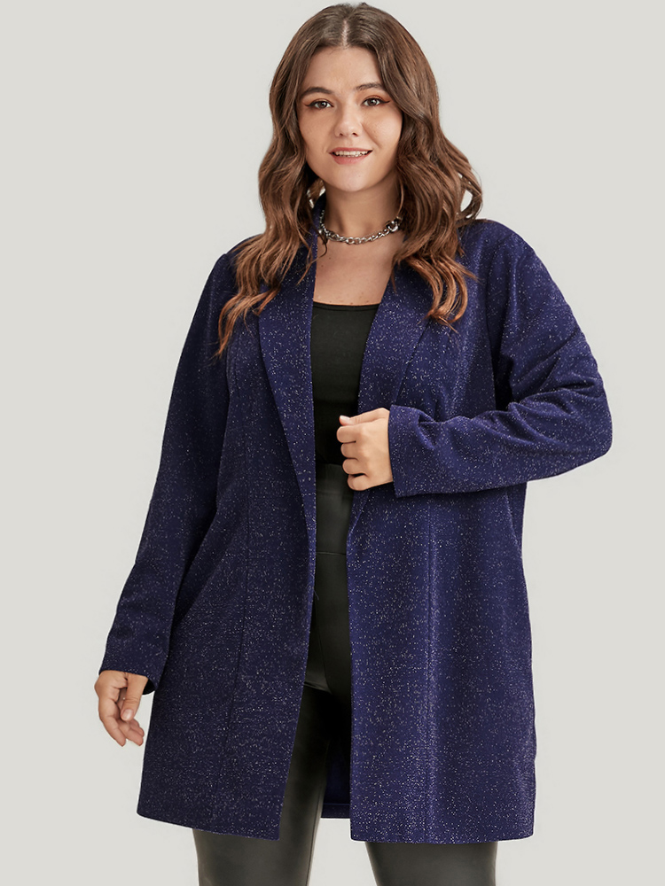 

Plus Size Solid Sequin Open Front Blazer DarkBlue Women Going out Plain Pocket Sleeve Long Sleeve Suit Collar  Pocket Party Blazers BloomChic