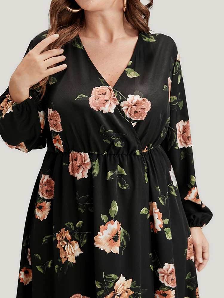

Plus Size Floral Wrap Lantern Sleeve Pocket Split Dress Black Women Elegant Elastic Waist V-neck Long Sleeve Curvy Long Dress BloomChic