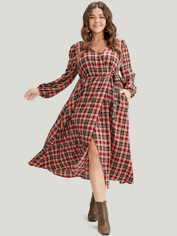 

Plus Size Tartan Wrap Lantern Sleeve Pocket Knotted Split Dress Maroon Women Elegant Knotted V-neck Long Sleeve Curvy Midi Dress BloomChic