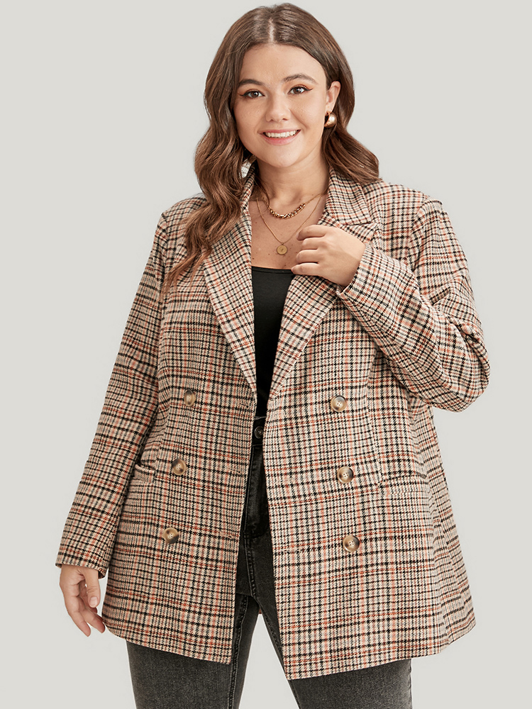 

Plus Size Tartan Suit Collar Button Up Pocket Blazer LightBrown Women Work Plaid Button Sleeve Long Sleeve Lapel Collar  Pocket Office Blazers BloomChic