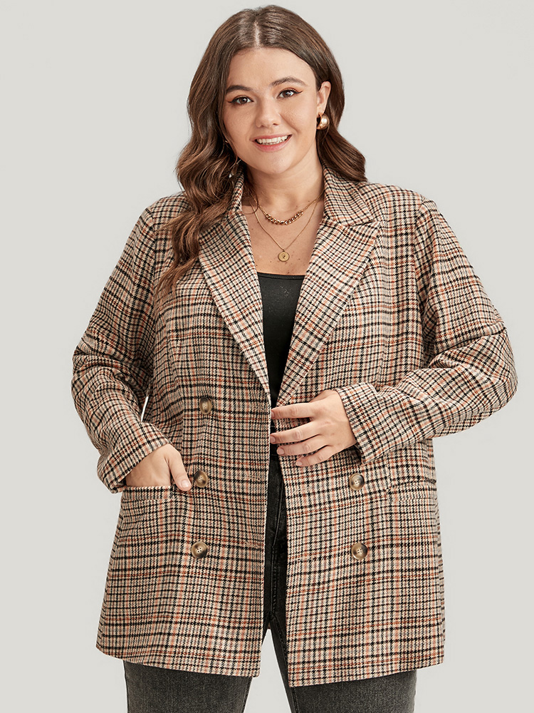 

Plus Size Tartan Suit Collar Button Up Pocket Blazer LightBrown Women Work Plaid Button Sleeve Long Sleeve Lapel Collar  Pocket Office Blazers BloomChic